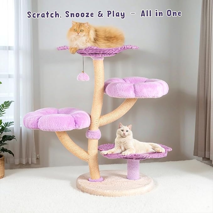 Happy & Polly 35.4 inch Woven Blossom Cat Tree, Fleece Floral Cat Tower with Sisal Scratching Post for Indoor Cats