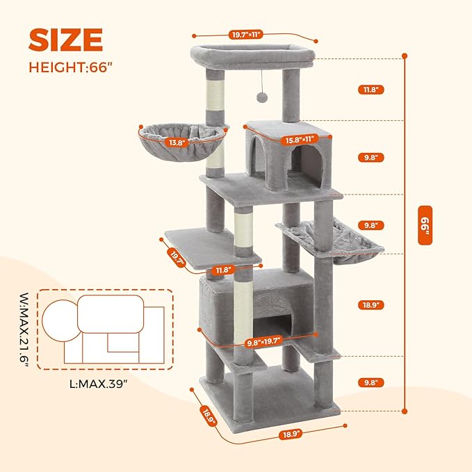 PEQULTI 66" Cat Tree for Indoor Cats, Tall Cat Tower for Large Cats with Scratching Post, Super Large Metal Hammock and 2 Big Condos, Grey