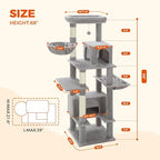 PEQULTI 66" Cat Tree for Indoor Cats, Tall Cat Tower for Large Cats with Scratching Post, Super Large Metal Hammock and 2 Big Condos, Grey