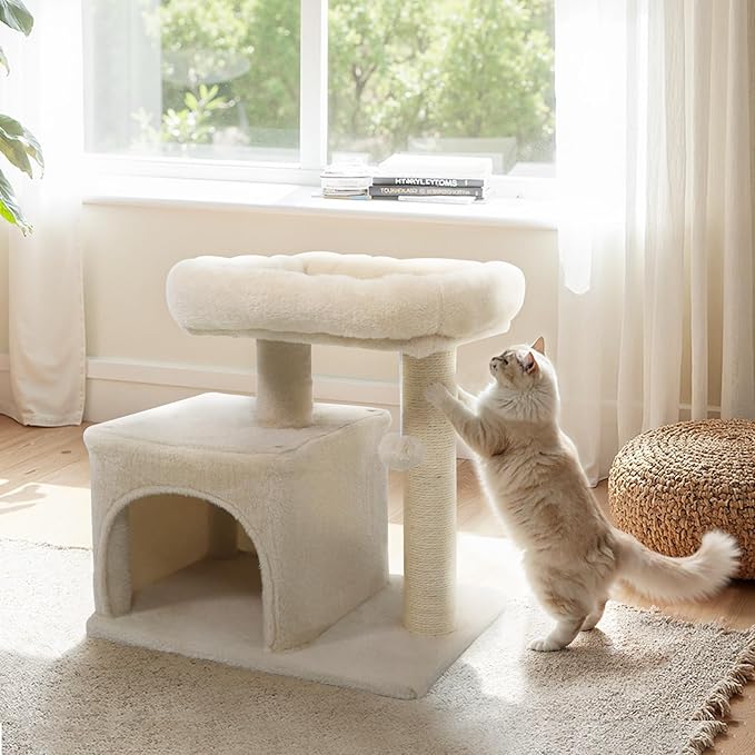Tangkula Small Cat Tree for Indoor Cats, Cat Tower with Sisal Scratching Posts, Hanging Pompom, Cat Condo with Large Padded Plush Perch for Small Spaces, Kittens (Beige)
