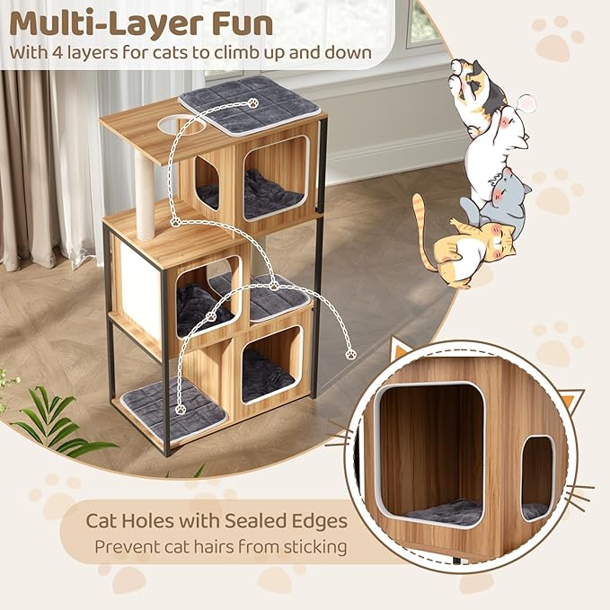 Tangkula Modern Cat Tree, 52 Inch Wooden Cat Condos with Metal Frame, Sisal Scratching Posts & Board, Washable Cushions, Multi-Level Cat Tower for Indoor Cats & Kittens (Natural)