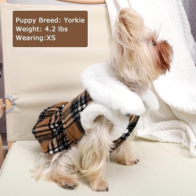 Dog Sweater with Leash Set D Ring Plaid Fleece Dog Clothes for Small Dogs Girl Boy Winter Puppy Dress Cold Weather Coat Fall XXS Sweater for Chihuahua Yorkie Cat Doggy Costumes, Khaki, S