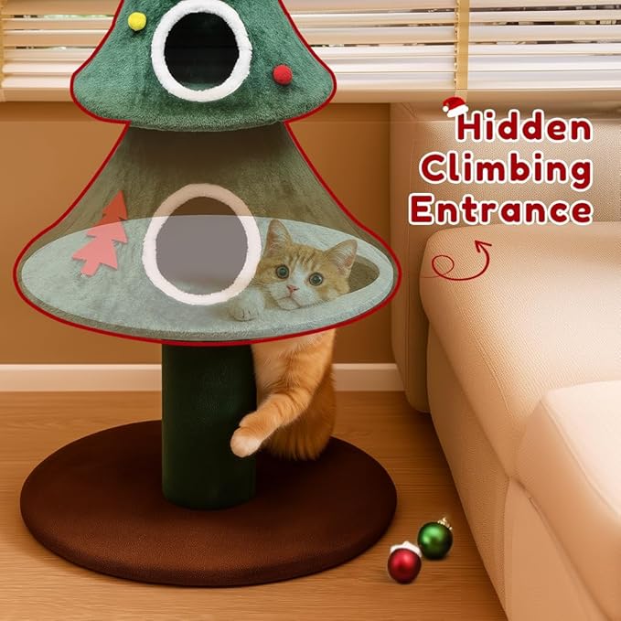 LUCKLIFE 52" Christmas Cat Tree with 2 Cozy Houses,Indoor Modern Cat Tower with Anti-Tip Kit,Plush Perches & Hanging Balls,Holiday Cat Climbing Furniture for Kittens to Play and Sleep