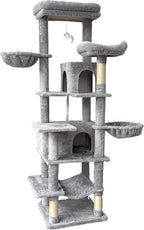 68 Inch Multi-Level Large Cat Tree - Sisal Scratching Posts & Removable Cushions, Cozy Hammock and Comfortable Hideaway, Tall Cat Tower for Indoor Cats (Light Gray + MDF)