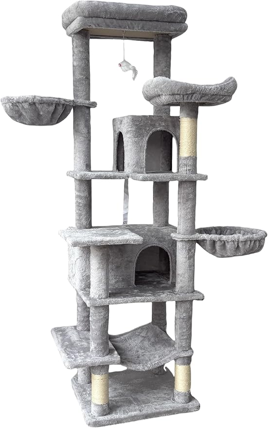 68 Inch Multi-Level Large Cat Tree - Sisal Scratching Posts & Removable Cushions, Cozy Hammock and Comfortable Hideaway, Tall Cat Tower for Indoor Cats (Light Gray + MDF)