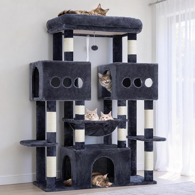 Hey-brother Cat Tree Tower, Large Sisal Scratching Posts with Big Platform, 3 Spacious Condos, Plush Hammock, Toy, 57.5 Inches Multi-Level Furniture for Indoor Adults Maine Coon, Smoky Gray MPJ083G