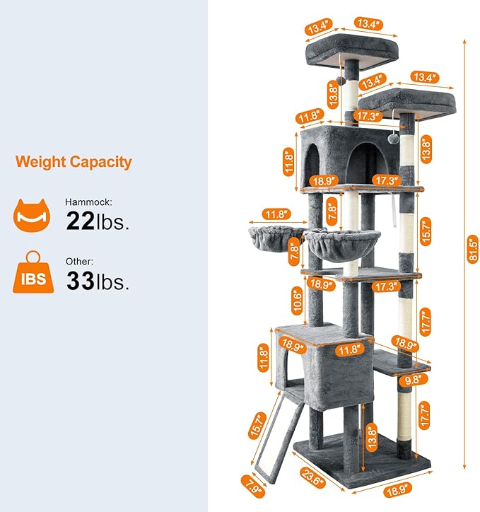 82" Tall Cat Tree,Giant Cat Tree for Indoor Cats Large Adult, Heavy Duty Cat Tree Tower, Extra Large Cat Trees with Scratching Posts, Cat Condos, Hammock,Top Perch,Ramp (Dark Grey)