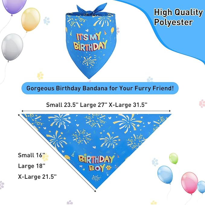 SZEE Dog Birthday Bandana, Reversible Bandanas for Dog Birthday Outfits, Pet Apparel & Accessories, Triangle Pet Scarf for Photo Prop and Holiday Decor (Large, Blue)