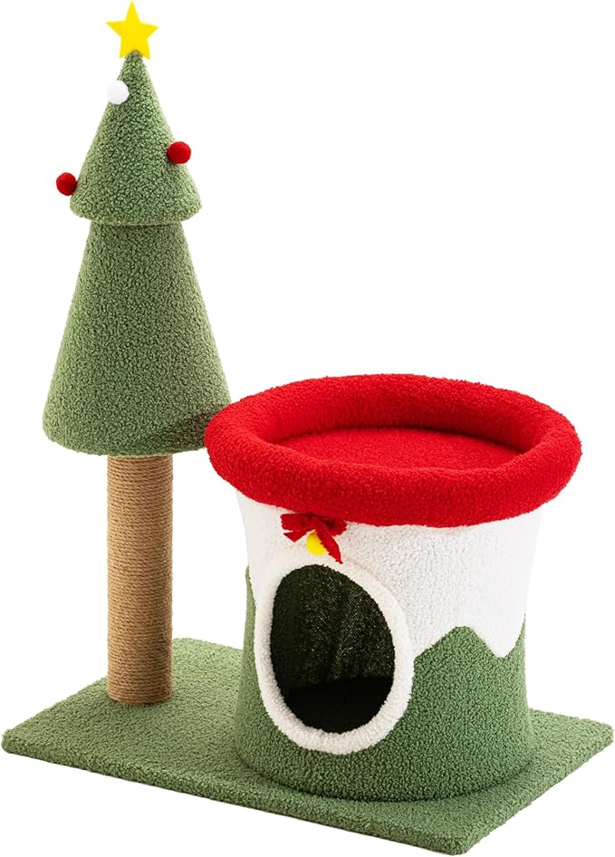 AQUILLA 29.7in Christmas Cat Tree Tower for Indoor Cats, Multi-Level Cat Condo with Sisal Scratching Posts, Cozy Hideaway & Top Perch, Red & Green Holiday Pet Play House for Small Cats and Kittens