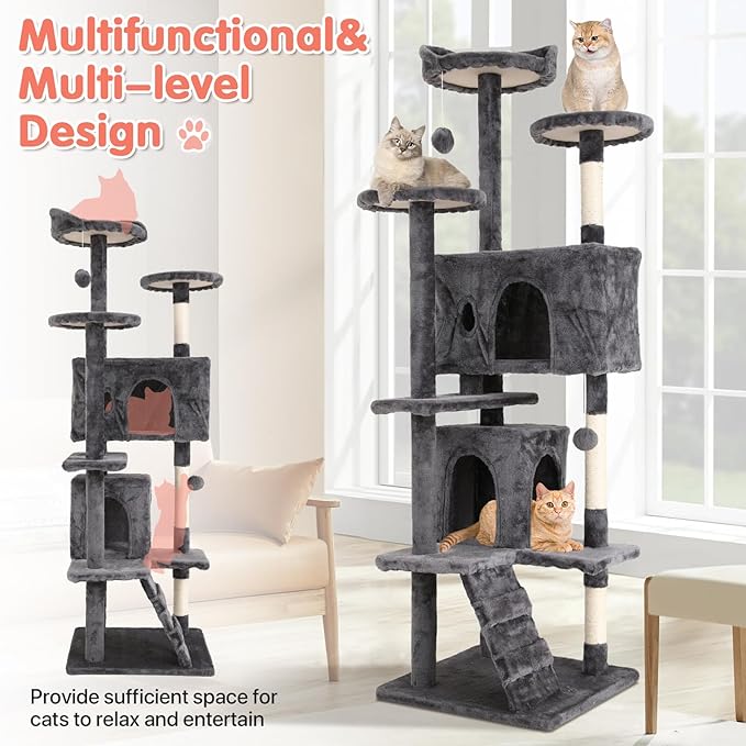 Cat Tree with Scratching Post,Cat Tower House for Indoor Large Adult Cats Kittens,21x21x70in Multi-Level Activity Cat Cando Furniture,Ashy