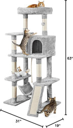 Topeakmart 63in Cat Tree, Large Cat Tower Furniture with Cat Condo, Padded Platform & Sisal-Covered Scratching Post, Stable Cat Tower Pet Play House