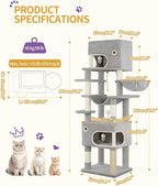 Cat Scratching Post, 70.1" Multi-Layer Cat Tree with Large Platform, 2 Caves, 7 Sisal Posts, Pompoms, Cat Basket, Hammock, Suitable for Cats, Light Gray MS17818LG