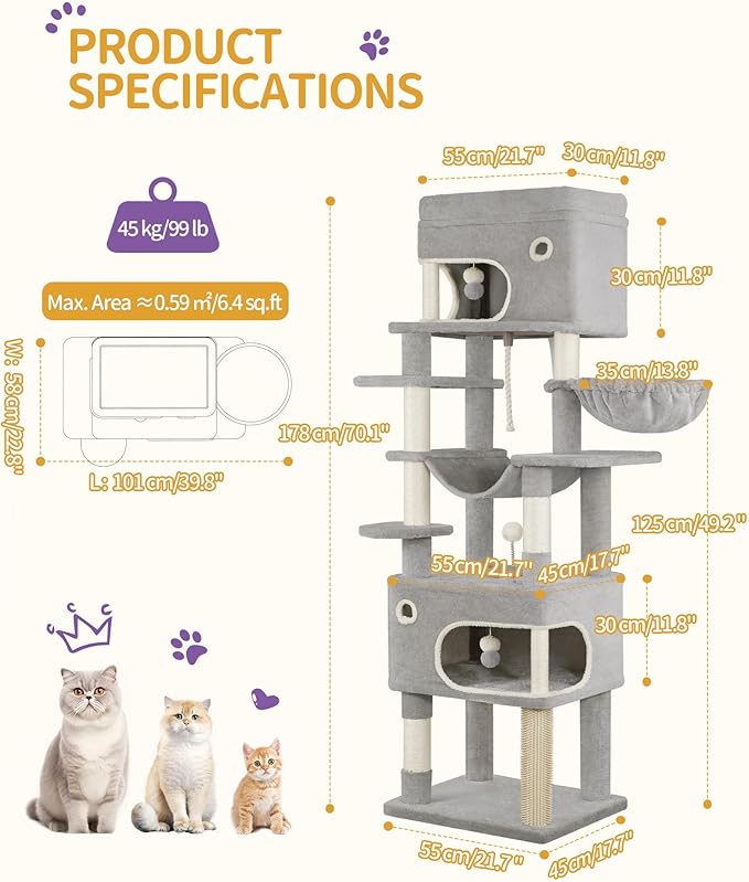 Cat Scratching Post, 70.1" Multi-Layer Cat Tree with Large Platform, 2 Caves, 7 Sisal Posts, Pompoms, Cat Basket, Hammock, Suitable for Cats, Light Gray MS17818LG