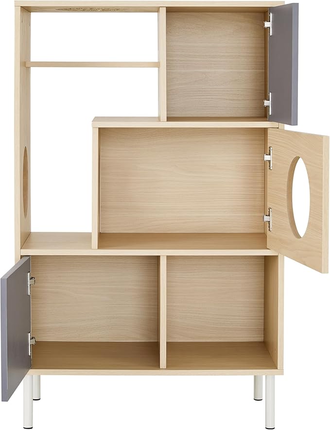 Modern Cat Bookcase with Storage - Furniture Style Cat Tree Shelves Multi-Level Climbing Perch for Indoor Cats - Natural Grey Wood Cabinet & Shelving Unit