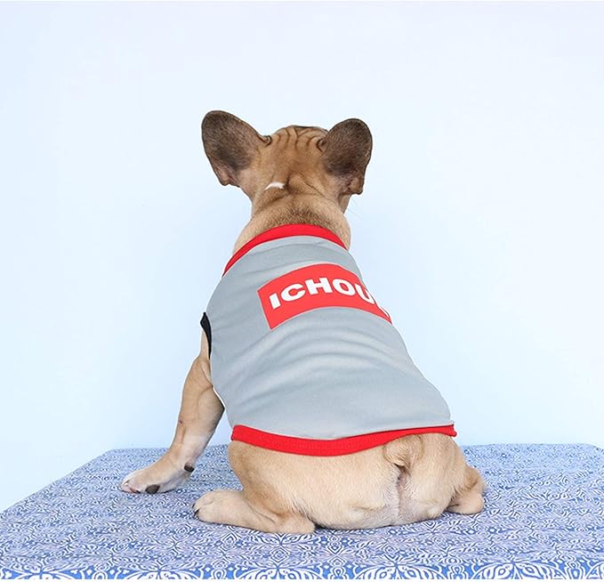 iChoue French Bulldog Summer Cooling Shirt for Dogs UV Sun Protection Vest Sleeveless Stretchy Tank Top English Pug Grey Red - XXLarge