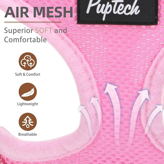 PUPTECK Soft Mesh Dog Harness and Leash Set Pet Puppy Cat Comfort Padded Vest No Pull Harnesses, Solid Pink, L