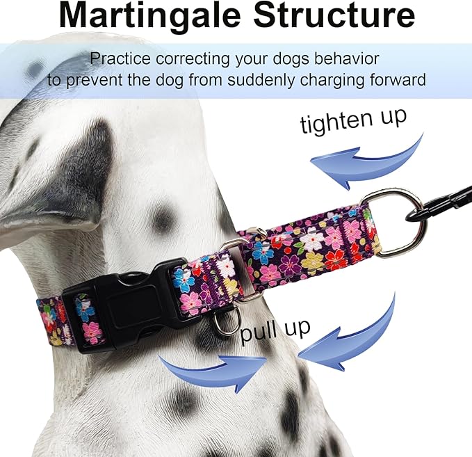 Reflective Martingale Collar for Dogs with Buckle Pretty Fancy Female Floral Dog Collars (Japanese Blossoms, Large)
