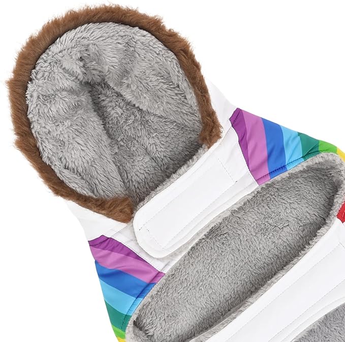 HDE Dog Puffer Jacket Fleece Lined Warm Dog Parka Winter Coat with Harness Hole White Rainbow Stripe - S