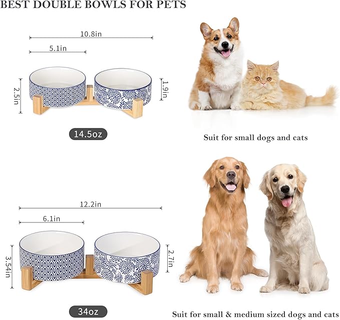 Selamica Ceramic 30 OZ Dog Bowls, Dog Food and Water Bowls with Wooden Stand, Anti-Slip Dogs Dishes Set for Cats Small & Medium Sized Dogs, Weighted Pet Bowls Set of 2, Vintage Blue B