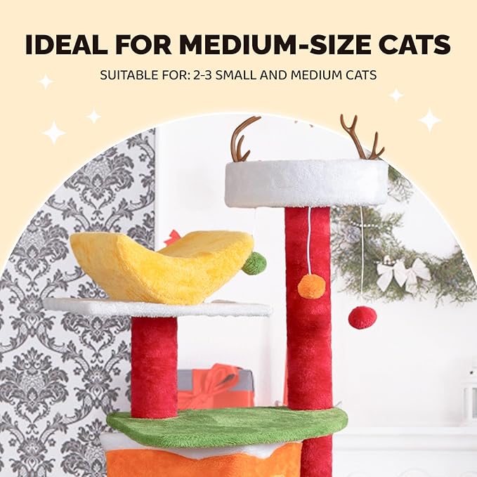 VINGLI 48.5IN Christmas Themed Plush Cat Tree, Multi-Level Cat Tower with 2 Cat Condos, Top Reindeer Antler Perch, Sisal Ramp Scratching Board & Posts, Large Indoor Cat Tree Activity Center Kittens