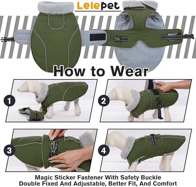 Lelepet Warm Dog Coat Reflective Fleece Vest Waterproof Dog Jacket with Adjustable Buckle Hook & Loop Windproof Cold Weather Coats for Small Medium Large Dogs, Army Green, XL