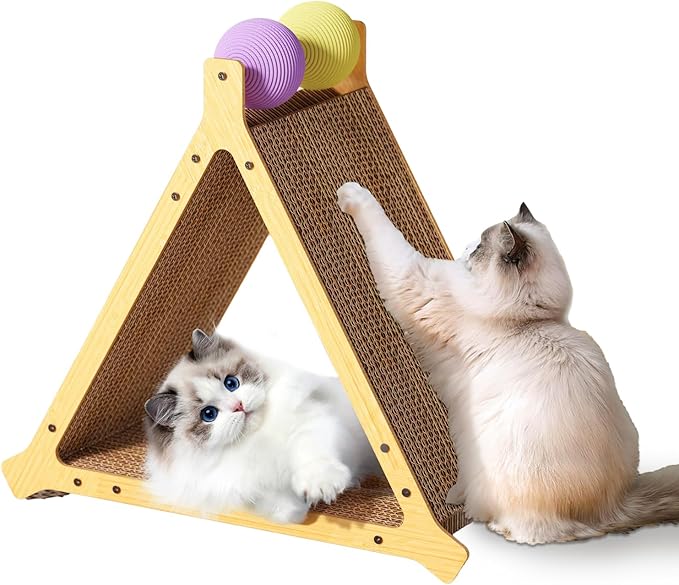 Stylish Triangle Cat Scratcher – 3-Sided Scratching Board with 2 Interactive Ball Toys, Durable Cardboard Cat Furniture for All Cats/Kittens (Modern Aesthetic, Sleek Design)