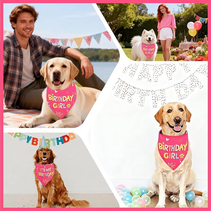 SZEE Dog Birthday Bandana, Reversible Bandanas for Dog Birthday Outfits, Pet Apparel & Accessories, Triangle Pet Scarf for Photo Prop and Holiday Decor (X-Large, Pink)