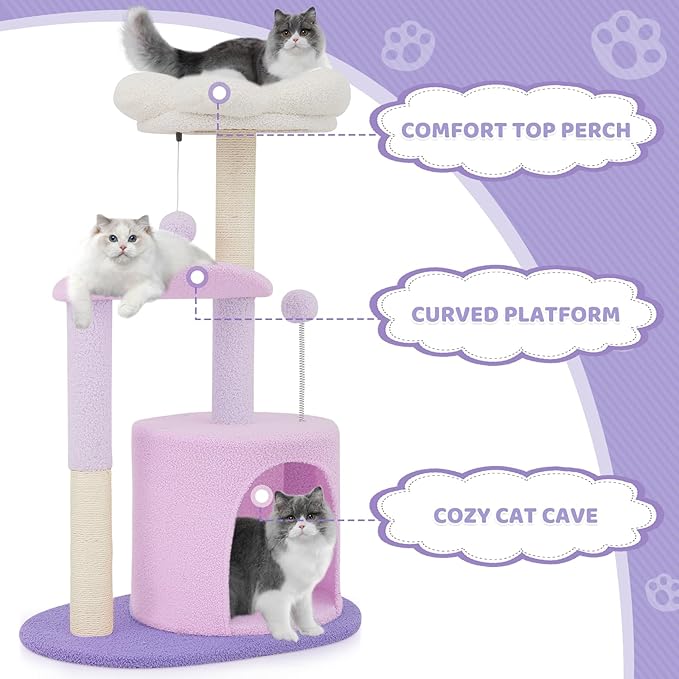 Magshion Flower Cat Tree for Indoor Cats, 33" Cute Cat Tower with Scratching Post, Condo, Top Flower Perch and Dangling Balls, Compact Cat Stand for Kittens, Purple