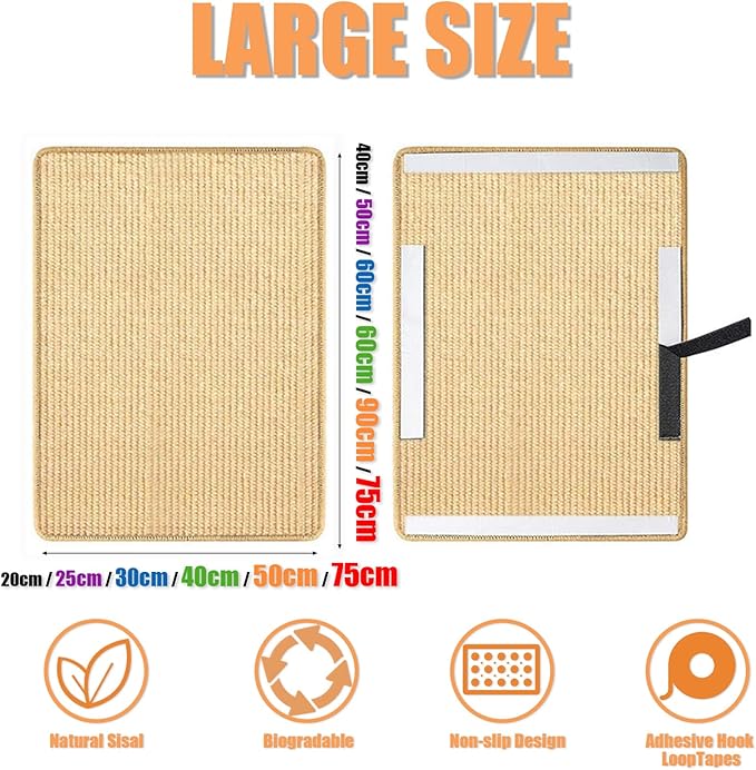 Cat Scratcher Mat Natural Sisal Fabric Cat Scratching Pad Couch Protector Horizontal Floor Cat Carpet Easy Use for Indoor Cats, Beige 1, 12" x 24"