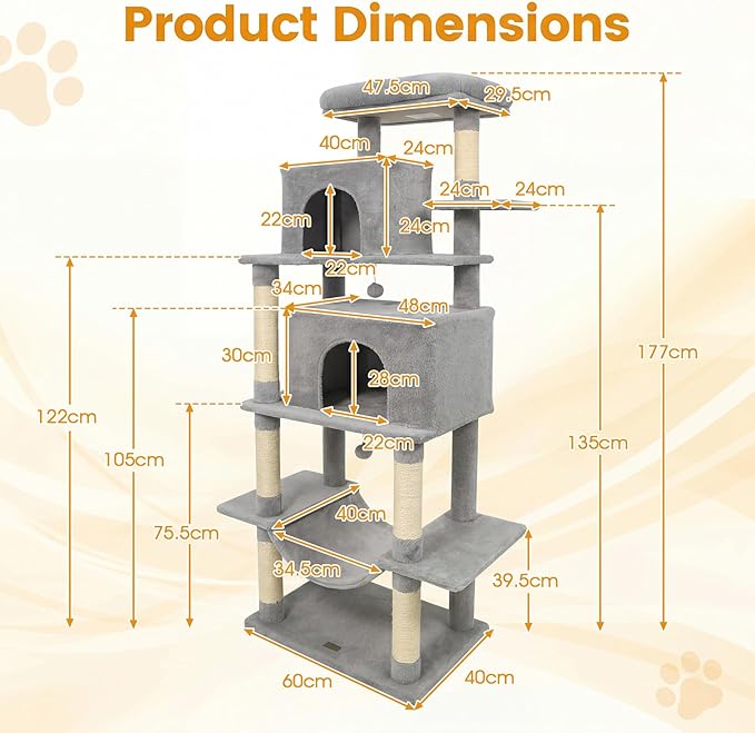 PETSITE 70-inch Tall Cat Tree, Modern Multi-Level Cat Tower with 2 Comfy Condos, Sisal Scratching Posts, Snug Hammock, and Dangling Ball, Ideal for Indoor Cats and Kittens (Grey)