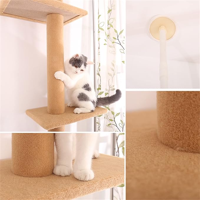 Cat Tree for Indoor Cats,3-Tier Floor to Ceiling Cat Climbing Tree 9 Feet,Tall Climbing Activity Center with Scratching Post,Cozy Bed,for Indoor Cats Upgraded (Khaki)