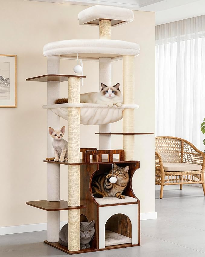Cat Tree, 70.9 Inch Wood Cat Tower for Large Cats Adult, Modern Cat Furniture with Double-Layer Wooden Cat Condo, 2 Platforms, Large Hammock and Scratching Posts, Rustic Brown GCT102SR