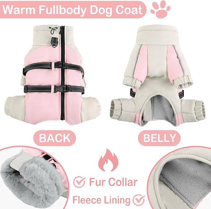KOESON Four Legged Winter Coat, Warm Small Dog Jacket with Adjustable Buckles, Turtleneck Windproof Fleece Jackets, Reflective Fullbody Snowsuit Puffer Pink Grey S