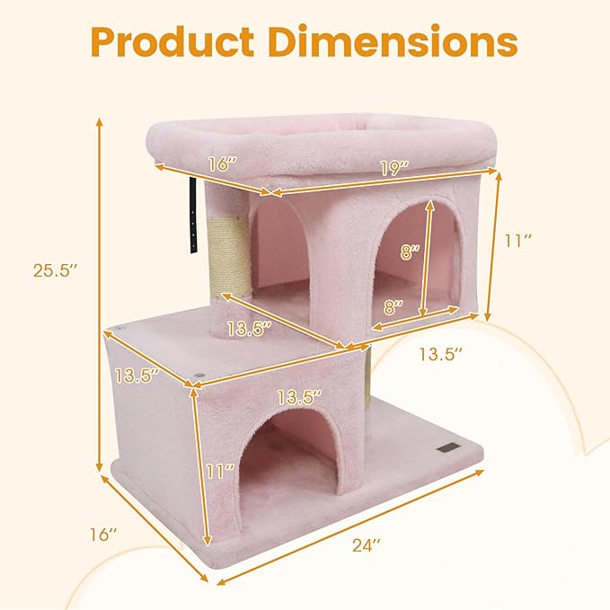 PETSITE 25.5-inch Small Cat Tree, Modern Multi-Level Cat Tower with 2 Comfy Condos, Sisal Scratching Posts, Large Plush Top Perch, and Anti-Tipping Kits, Ideal for Indoor Cats and Kittens (Pink)