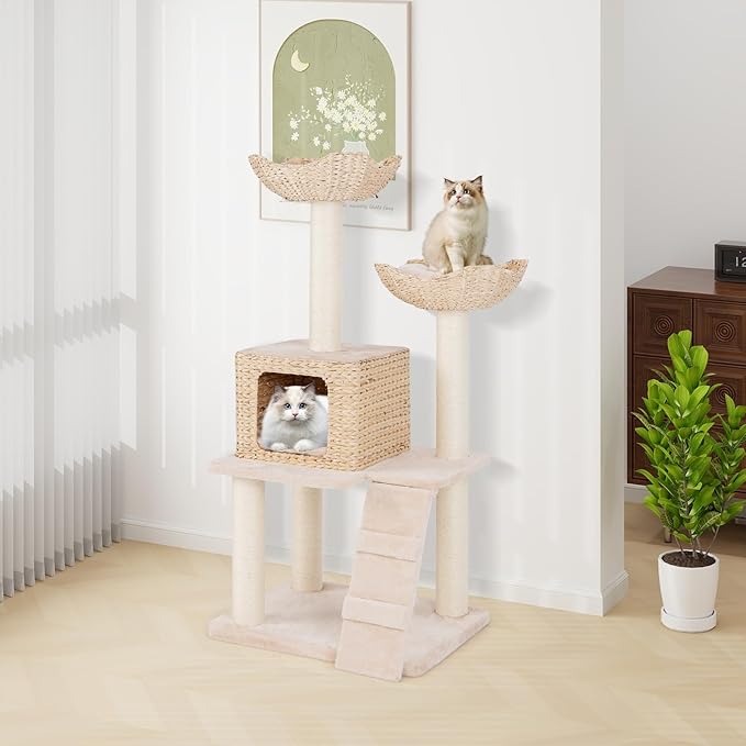 Tangkula Modern Cat Tree, 48 Inch Multi-Level Cat Tower with Sisal Scratching Posts, Cattail Fluff Condo & 2 Perches and Climbing Ladder, Aesthetic Cat Tree with Washable Cushions for Indoor Cats