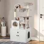 Cat Tree with Litter Box Enclosure, 2-in-1 Cat Tower for Indoor Cats, Large Wood Cat Condo with Basket, Scratching Posts, Pompoms, White