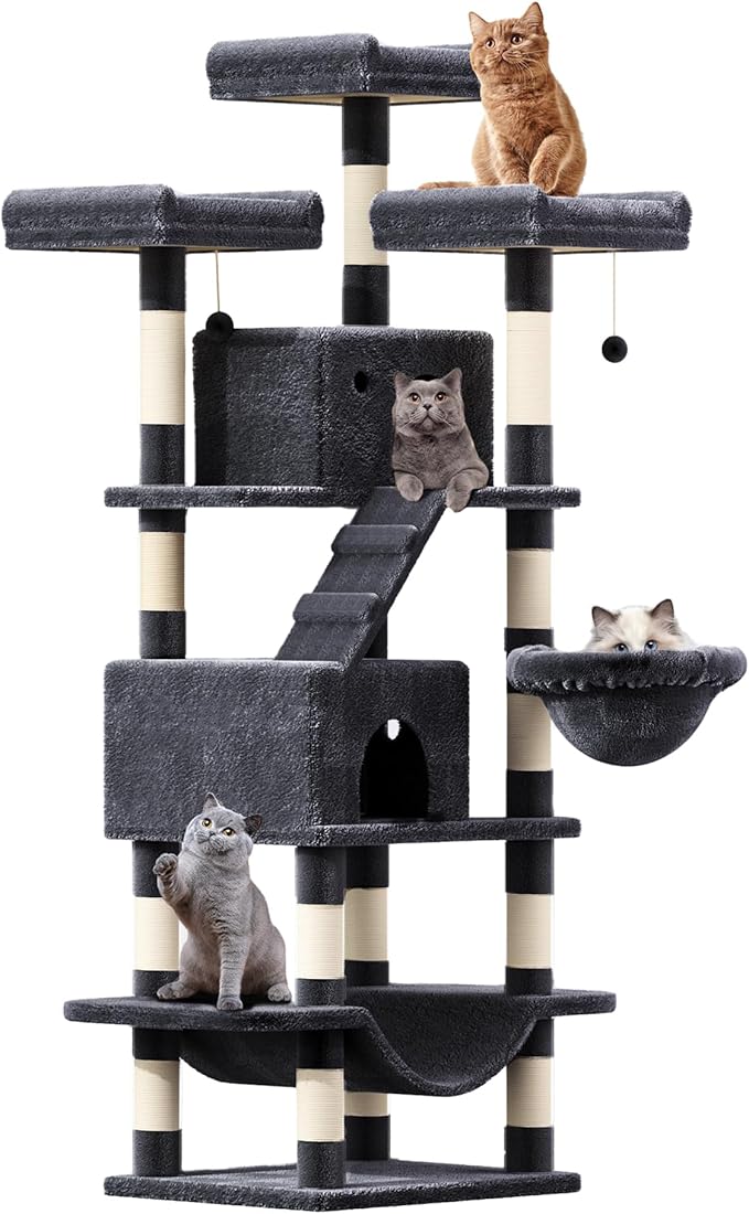 75" Large Cat Tree, Big Cat Tower for Indoor Cats, Tall Cat Tree with 3 Cushioned Perches, Sisal Scratching Posts, Cozy Basket, 2 Cat Condos. Smoky Gray