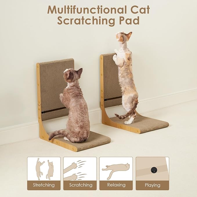 EHEYCIGA 2-Pack Cat Scratcher, 19.7 Inch L-Shaped Cardboard Scratch Pad for Indoor Cats, Vertical Cat Scratching Board with Ball Toy, Furniture Protector, Reversible Design for Double Life, Medium
