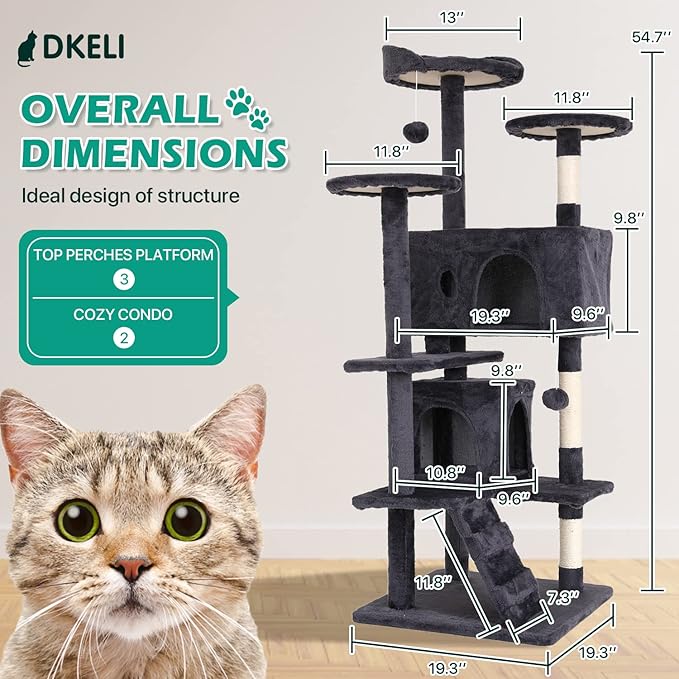 Cat Tree for Indoor Cats Cat Condo Cat Tower with Scratching Post Cat Tease Ball Perches Platform for Small and Medium Cats 54 Inch Multi-Level, Light Gray