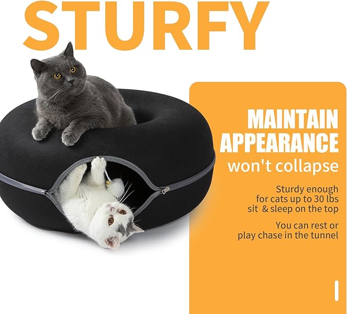 Peekaboo Cat Tunnel for Large Cats up to 30 lbs, Features A Jingle Ball, Removable and Washable Tunnel Bed, and a Cozy Donut Tunnel (Black, 24 Inches)