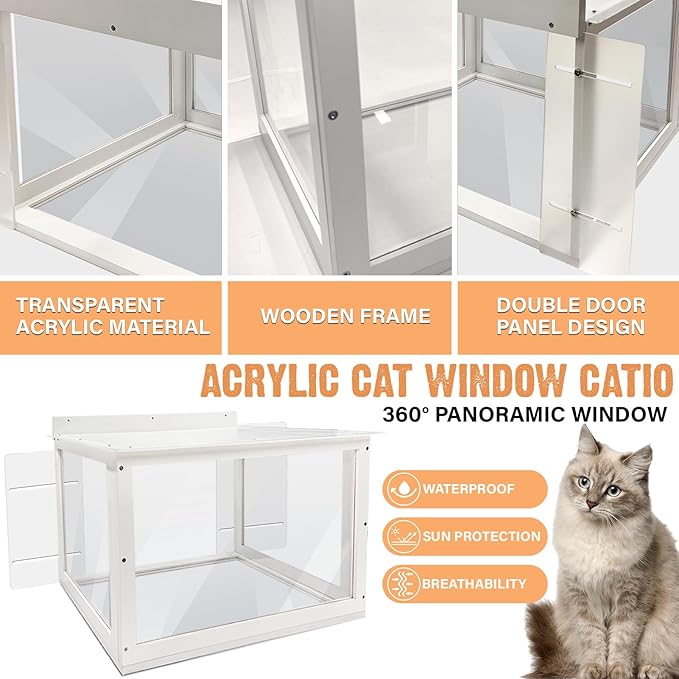 Acrylic Cat Window Catio,Catio Outdoor Enclosure Window with Wooden Frame,Cat Window Box with Waterproof Clear Roof for Sunbathing, Napping,Enjoying The Outdoor Sight