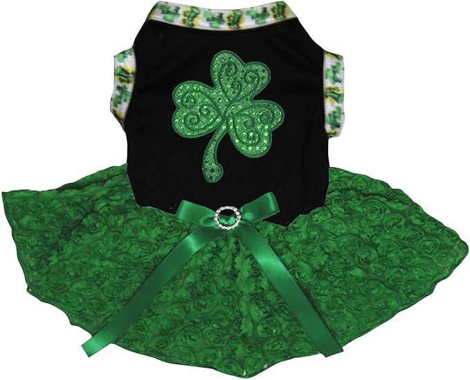 Petitebella Green Sequins Clover Puppy Dog Dress (Black/Green Floral, Small)