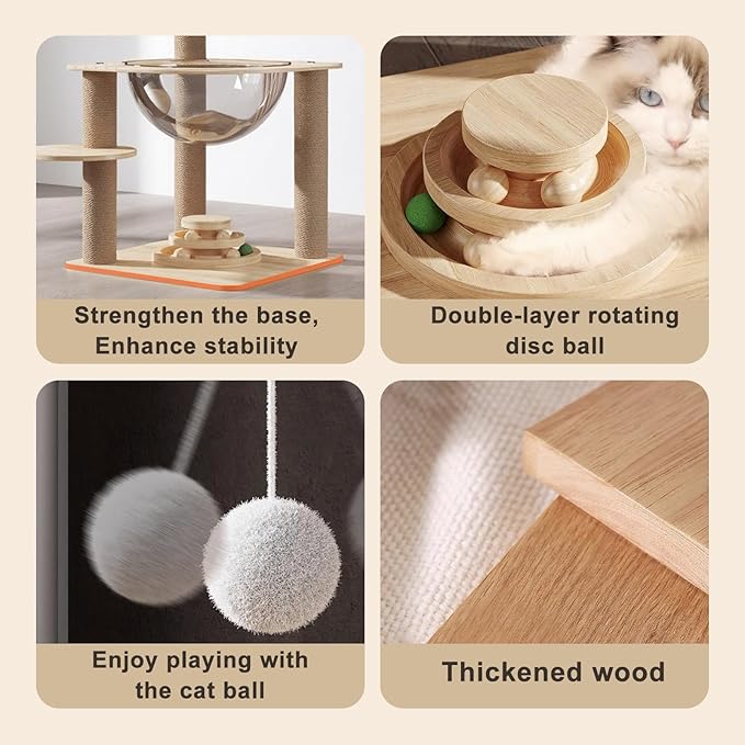 24.7in Large Cat Tree for Indoor Cats, Cat Tower with Sisal Scratching Posts, Cat Activity Center with Cat House, Interactive Teaser Balls, Sturdy Wood Cat Climbing Tower for Kittens&Adult Cats, Beige