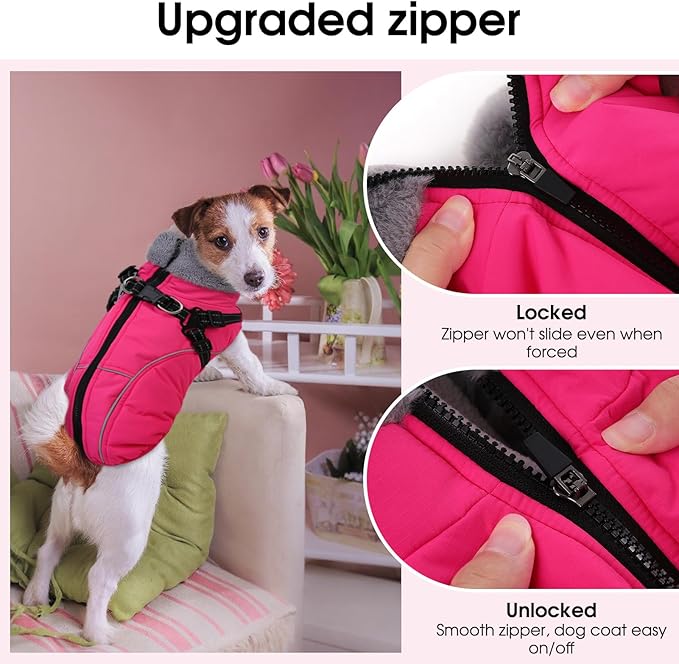 Dog Winter Coat, Windproof Dog Puffer Jacket with Harness Built in, Reflective Pet Vest for Cold Weather Dogs Snowsuit with Zipper, Rose 3XL