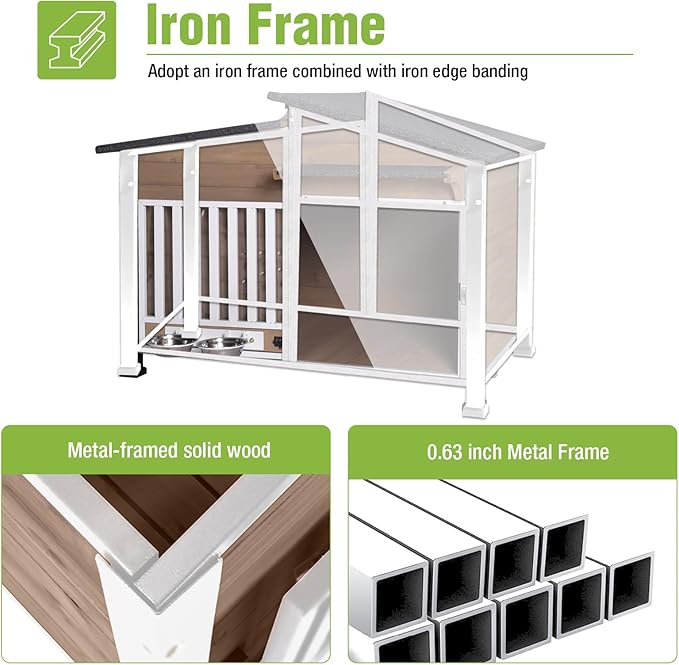 Heated Dog House for Outdoor Use with Matel Frame, Waterproof Design & Heating Blanket - All-Weather Wooden Kennel with Sliding Window & Metal Frame (Brown-1-H, L)