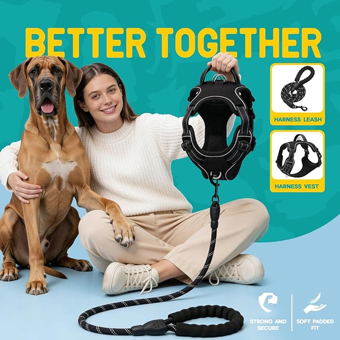 No Pull Dog Harness and Leash Set for Extra Large Dogs – Adjustable Reflective Breathable Soft Padded Easy Control Dog Harness for Training & Walking, Black (X-Large)