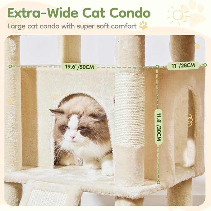 Taoqimiao 72 Inches Cat Tree for Large Cats, Multi-Level Tall Cat Tower, Widened Cat Condo with Large Scratch Board, 5 Scratching Posts, Metal Hammcock, Cozy Basket, Beige, MS045M