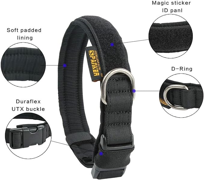 EXCELLENT ELITE SPANKER Tactical Small Puppy Dog Collar Nylon Adjustable Heavy Duty Military for Small Medium and Large Dogs Pet Soft Padded Dog Collar(BLK-S)
