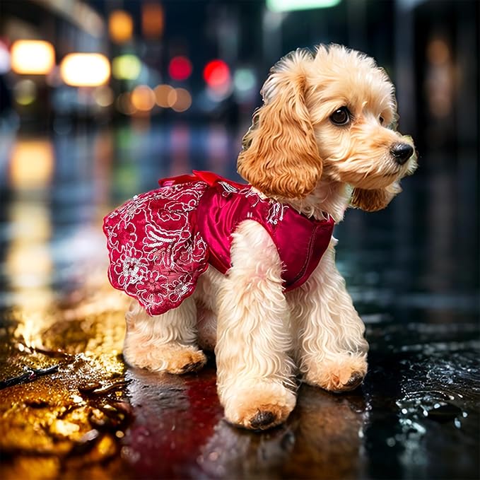 Lolita Luxury Dog Princess Dress for Small Dogs Girls,Embroidered Sweet Pet Clothes Wedding Birthday Party Puppy Dresses,Cat Apparel Accessories Costumes Outfit Skirt（Red,X-Small）