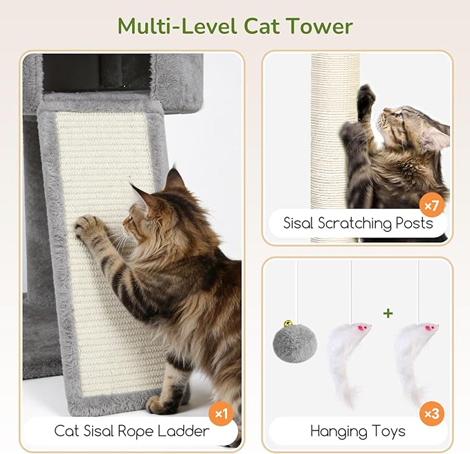 Globlazer Heavy Duty Cat Tree, 83 Inch Giant Cat Tower with 7 Scratching Posts, Multi-Level Large Cat Condo for Indoor Cats Large Adult, 2 Perchs, 3 Sturdy Hanging Baskets, Cat Toys, F83C, Light Grey